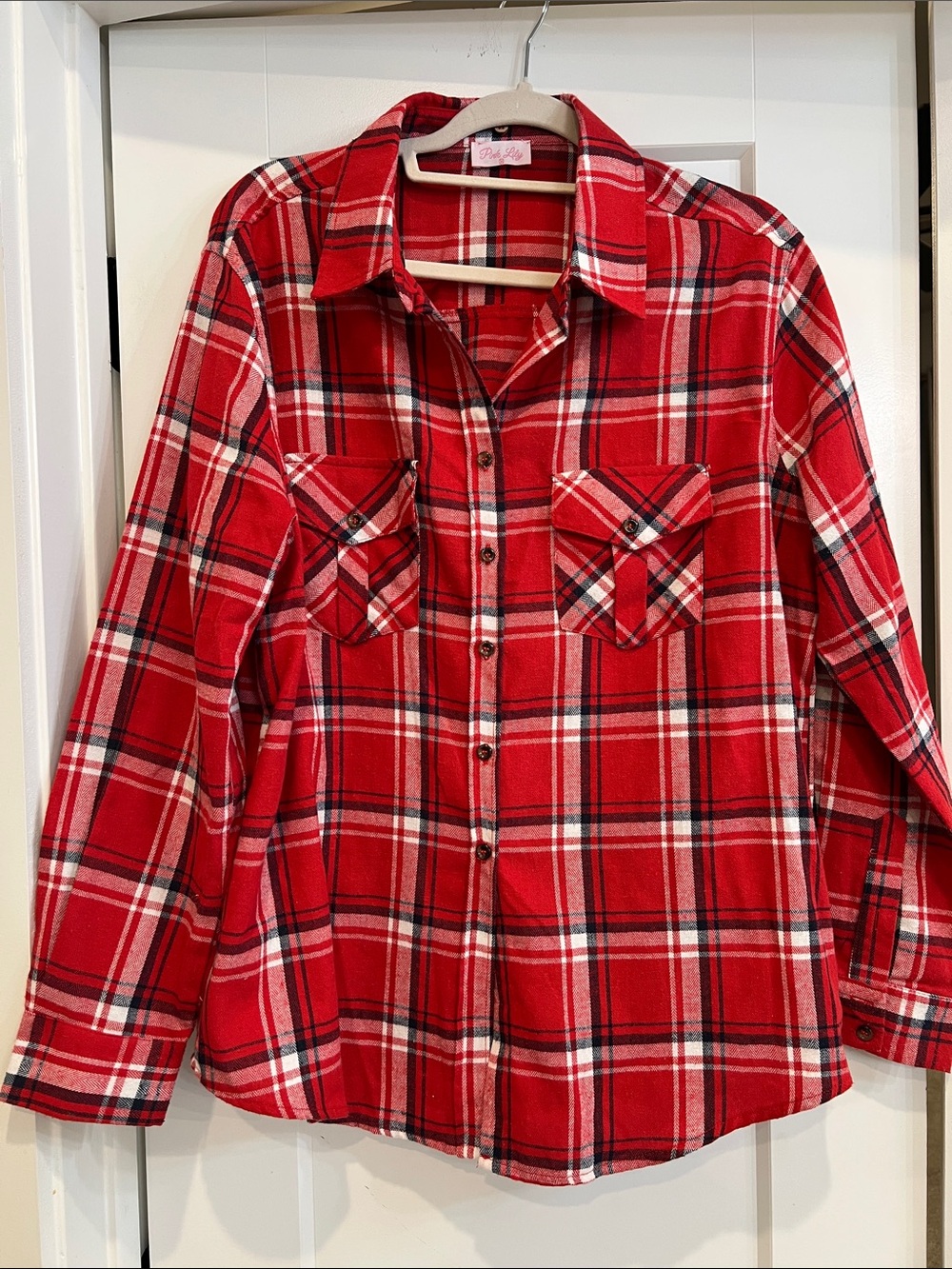 Women’s Red Plaid Button-Down Shirt with Chest Pockets